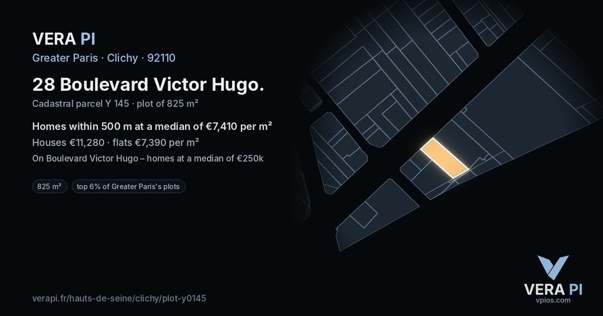 28 Boulevard Victor Hugo, Clichy at night – the plot lit, the parcels around coloured by the prices near them