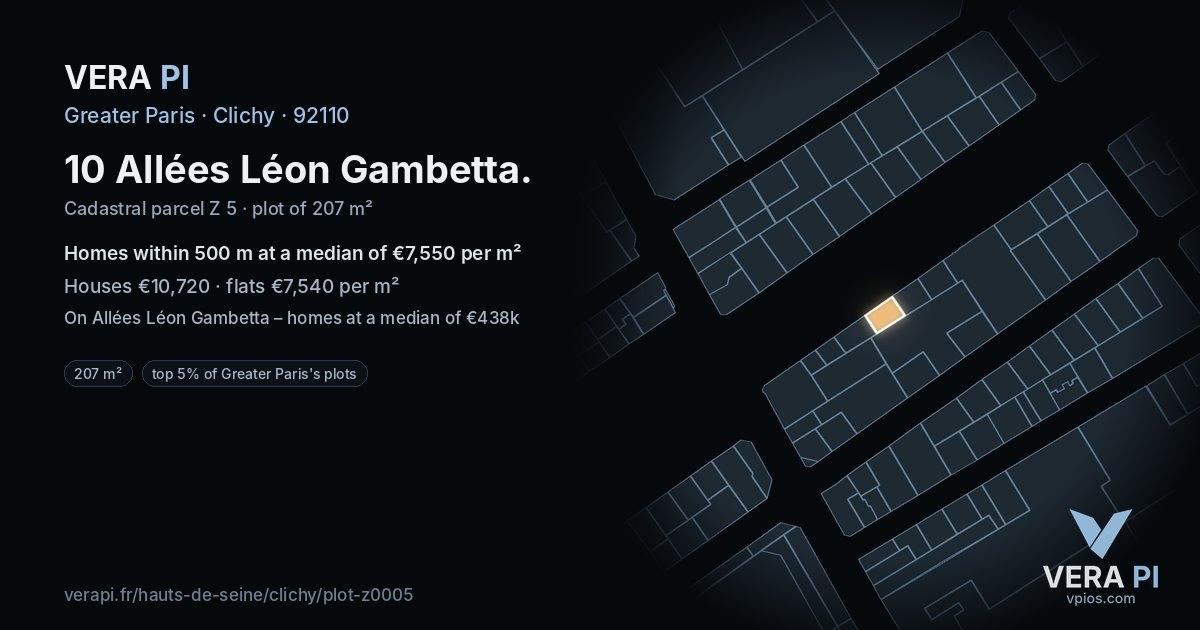 10 Allées Léon Gambetta, Clichy at night – the plot lit, the parcels around coloured by the prices near them
