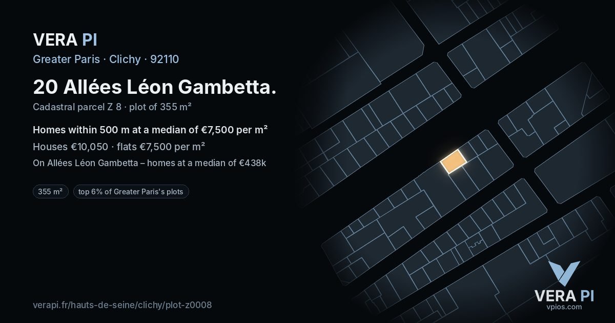 20 Allées Léon Gambetta, Clichy at night – the plot lit, the parcels around coloured by the prices near them