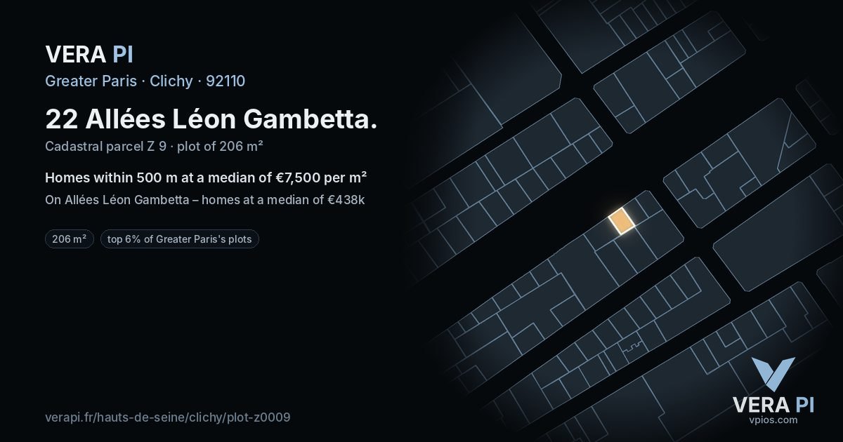 22 Allées Léon Gambetta, Clichy at night – the plot lit, the parcels around coloured by the prices near them