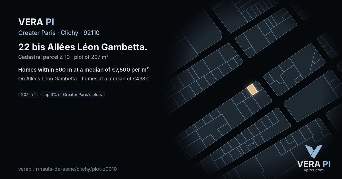22 bis Allées Léon Gambetta, Clichy at night – the plot lit, the parcels around coloured by the prices near them