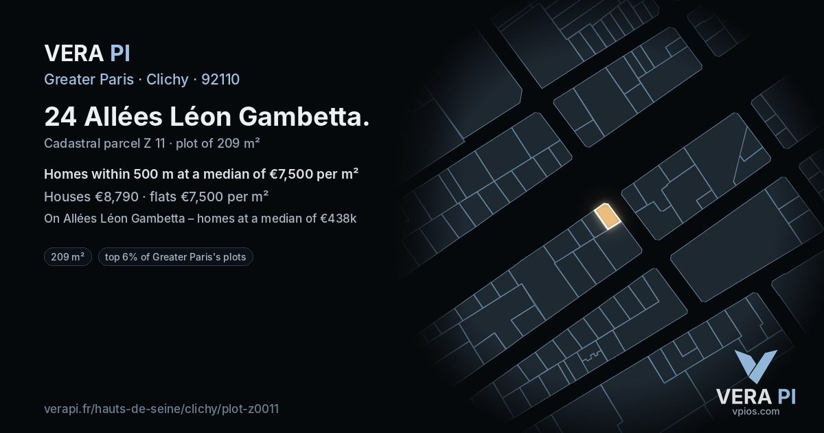 24 Allées Léon Gambetta, Clichy at night – the plot lit, the parcels around coloured by the prices near them