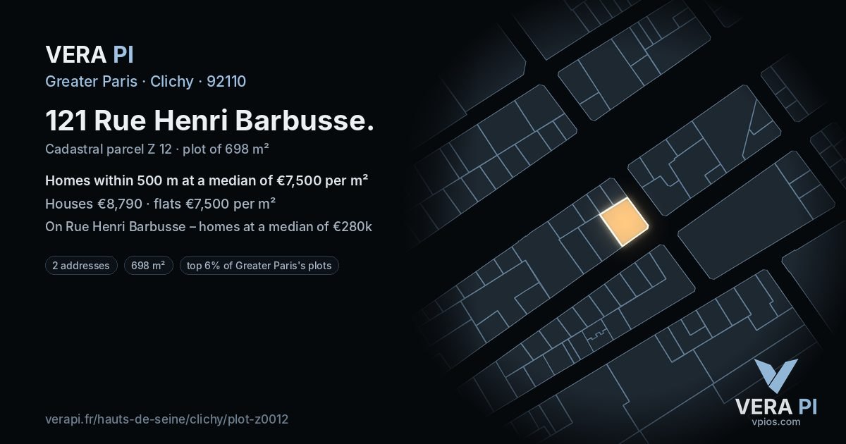 121 Rue Henri Barbusse, Clichy at night – the plot lit, the parcels around coloured by the prices near them