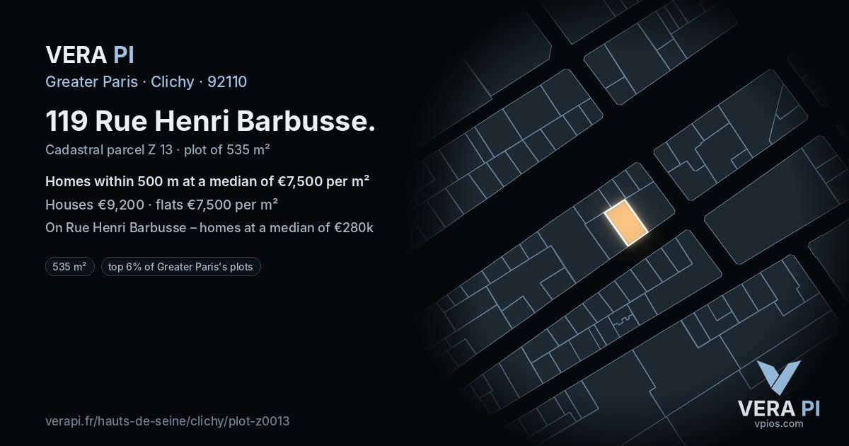 119 Rue Henri Barbusse, Clichy at night – the plot lit, the parcels around coloured by the prices near them