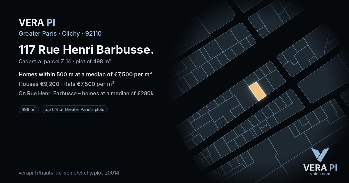 117 Rue Henri Barbusse, Clichy at night – the plot lit, the parcels around coloured by the prices near them