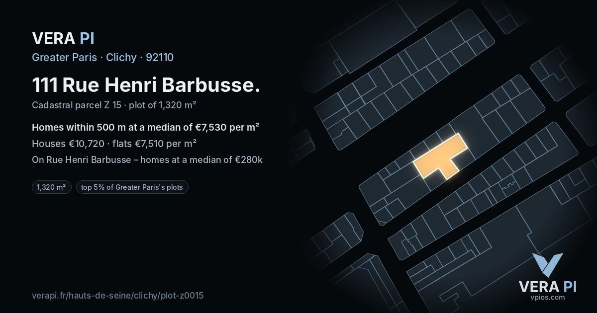 111 Rue Henri Barbusse, Clichy at night – the plot lit, the parcels around coloured by the prices near them