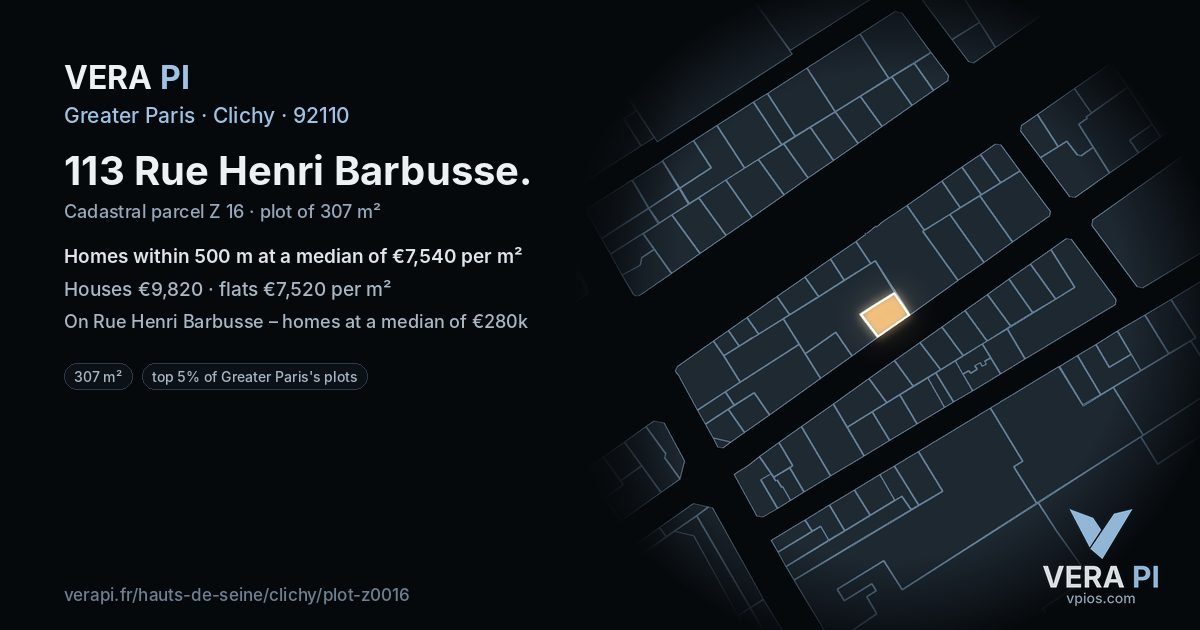 113 Rue Henri Barbusse, Clichy at night – the plot lit, the parcels around coloured by the prices near them