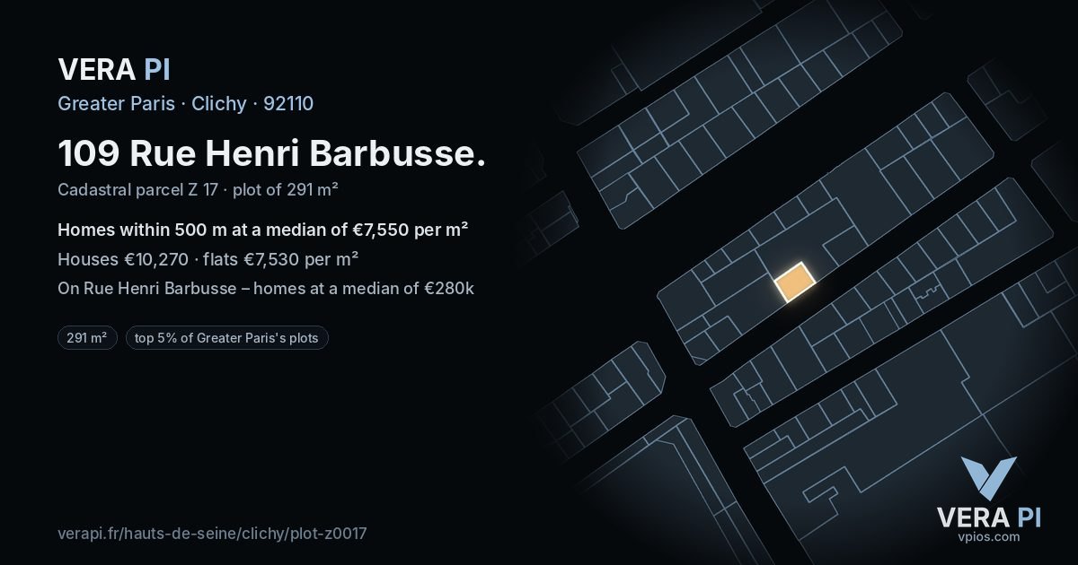 109 Rue Henri Barbusse, Clichy at night – the plot lit, the parcels around coloured by the prices near them