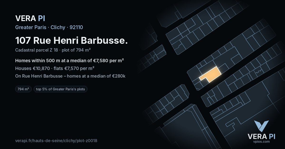 107 Rue Henri Barbusse, Clichy at night – the plot lit, the parcels around coloured by the prices near them