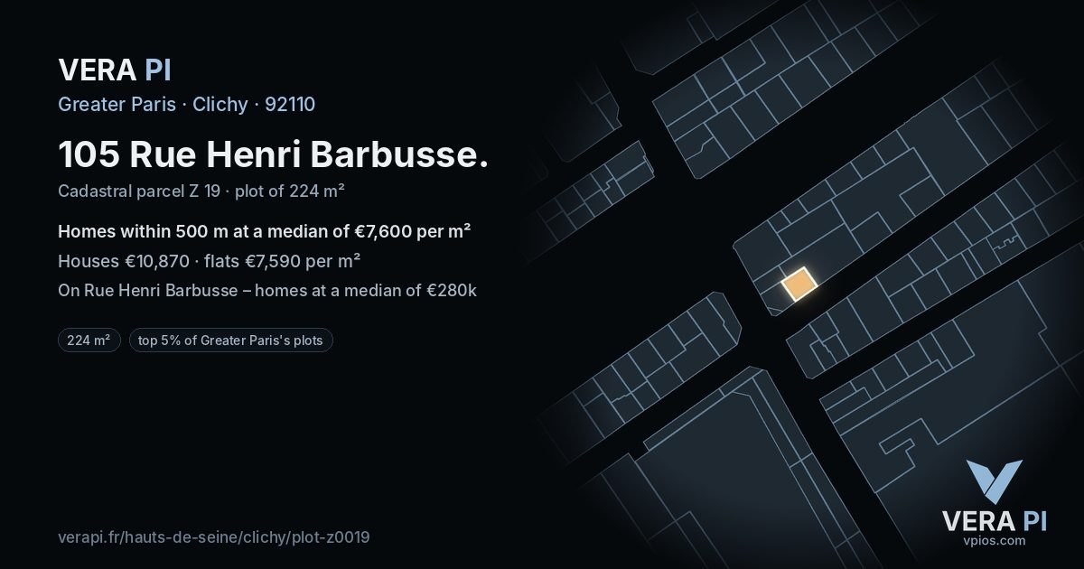 105 Rue Henri Barbusse, Clichy at night – the plot lit, the parcels around coloured by the prices near them