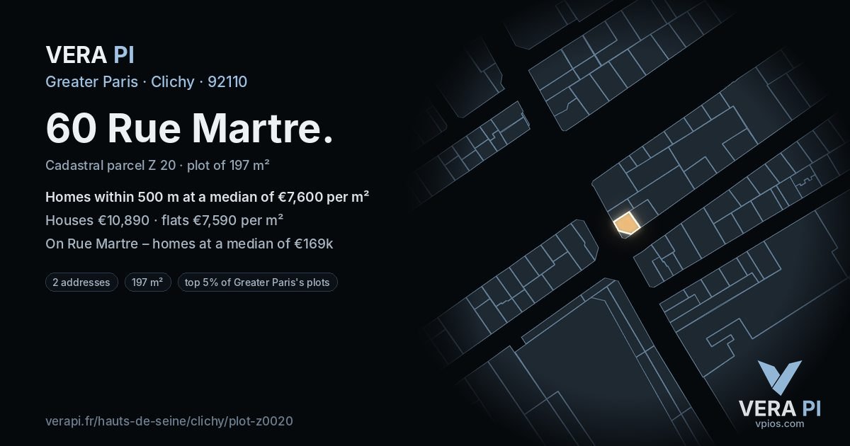 60 Rue Martre, Clichy at night – the plot lit, the parcels around coloured by the prices near them