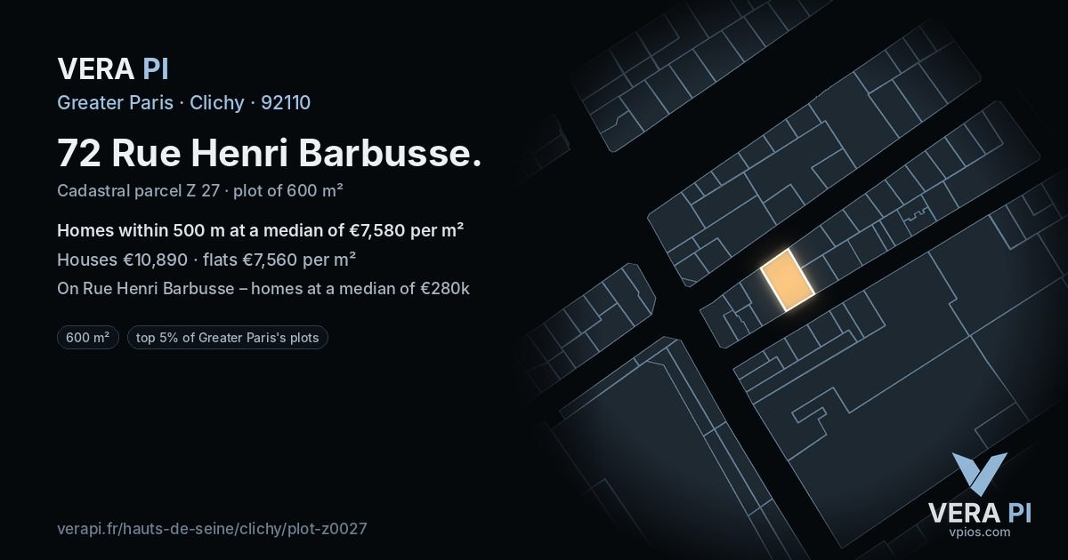 72 Rue Henri Barbusse, Clichy at night – the plot lit, the parcels around coloured by the prices near them