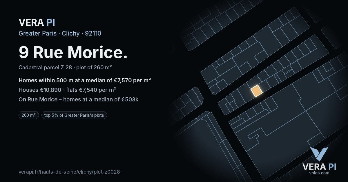 9 Rue Morice, Clichy at night – the plot lit, the parcels around coloured by the prices near them