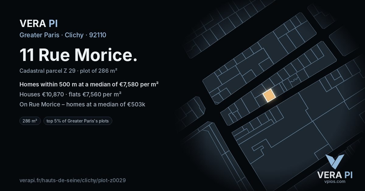 11 Rue Morice, Clichy at night – the plot lit, the parcels around coloured by the prices near them