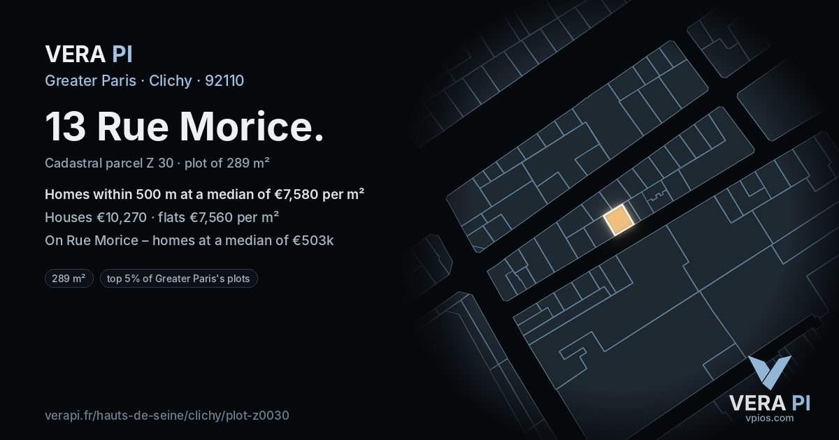 13 Rue Morice, Clichy at night – the plot lit, the parcels around coloured by the prices near them