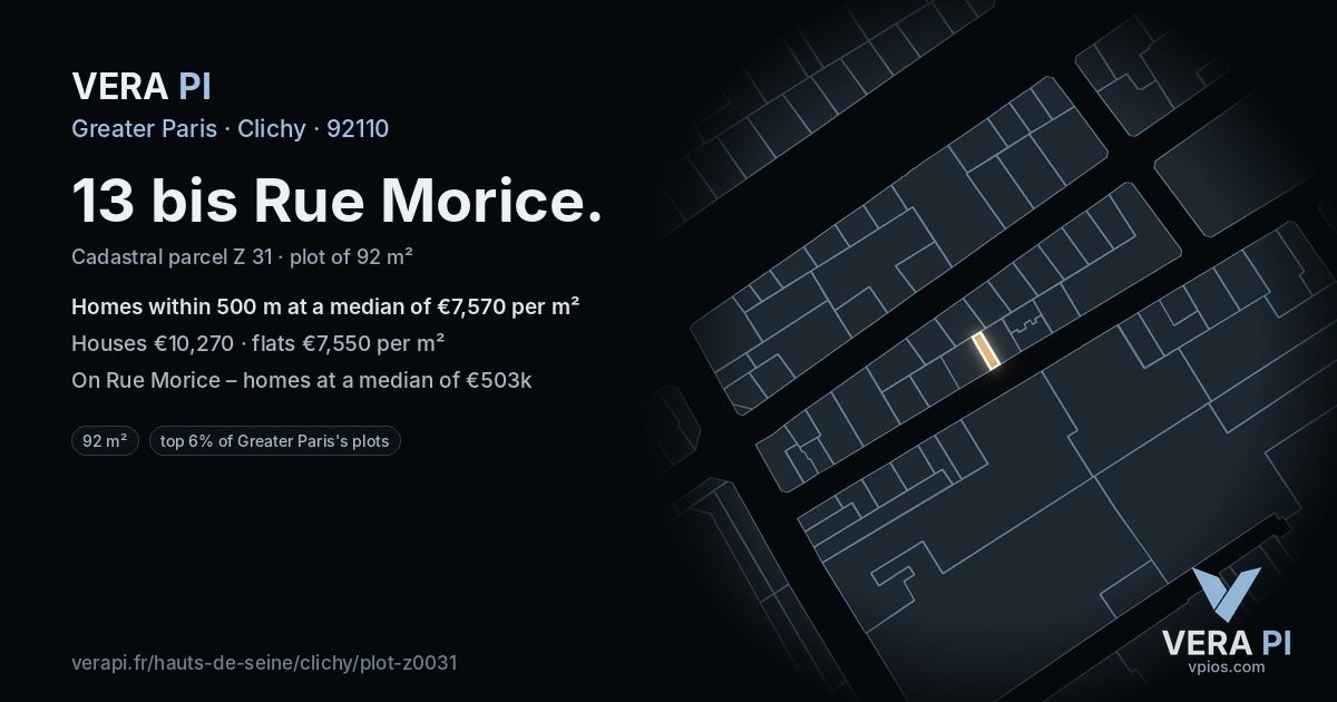 13 bis Rue Morice, Clichy at night – the plot lit, the parcels around coloured by the prices near them