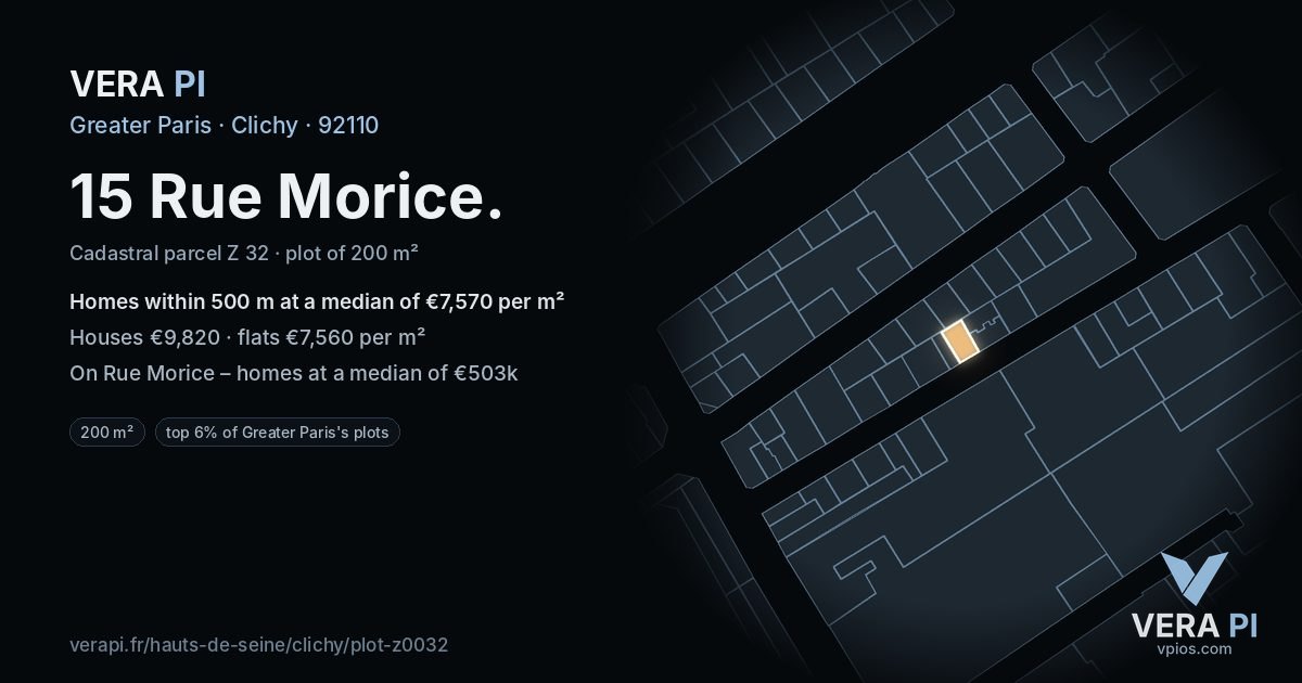 15 Rue Morice, Clichy at night – the plot lit, the parcels around coloured by the prices near them