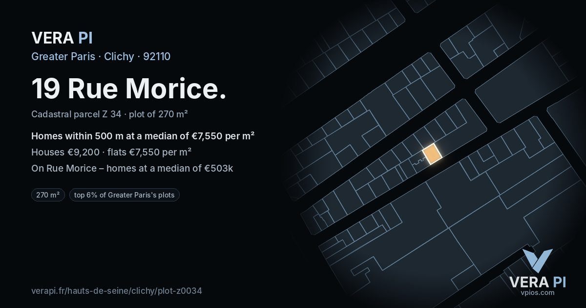 19 Rue Morice, Clichy at night – the plot lit, the parcels around coloured by the prices near them
