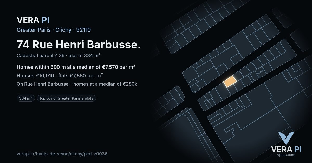 74 Rue Henri Barbusse, Clichy at night – the plot lit, the parcels around coloured by the prices near them