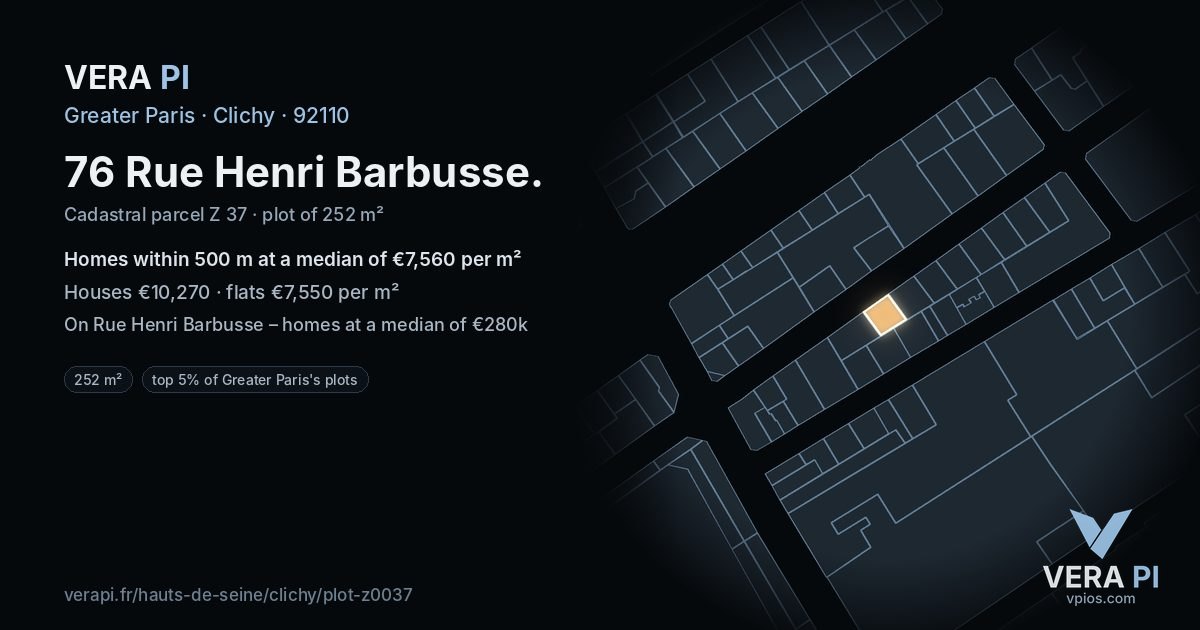 76 Rue Henri Barbusse, Clichy at night – the plot lit, the parcels around coloured by the prices near them