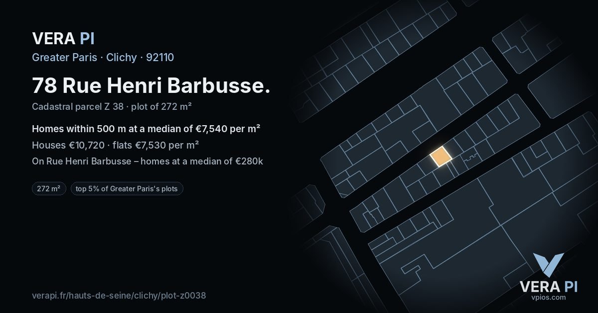 78 Rue Henri Barbusse, Clichy at night – the plot lit, the parcels around coloured by the prices near them