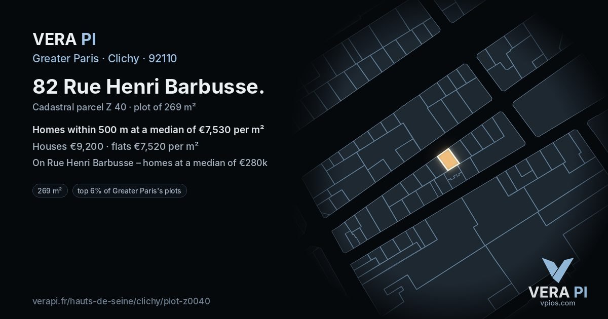 82 Rue Henri Barbusse, Clichy at night – the plot lit, the parcels around coloured by the prices near them