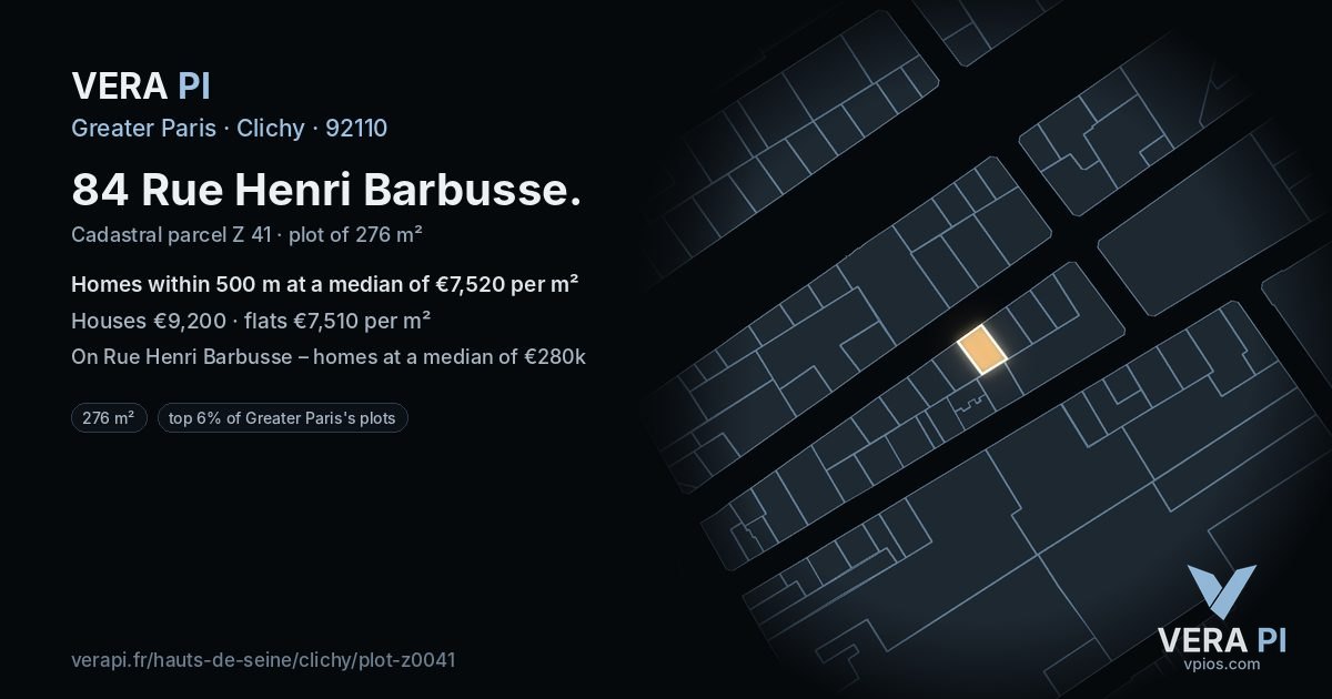 84 Rue Henri Barbusse, Clichy at night – the plot lit, the parcels around coloured by the prices near them