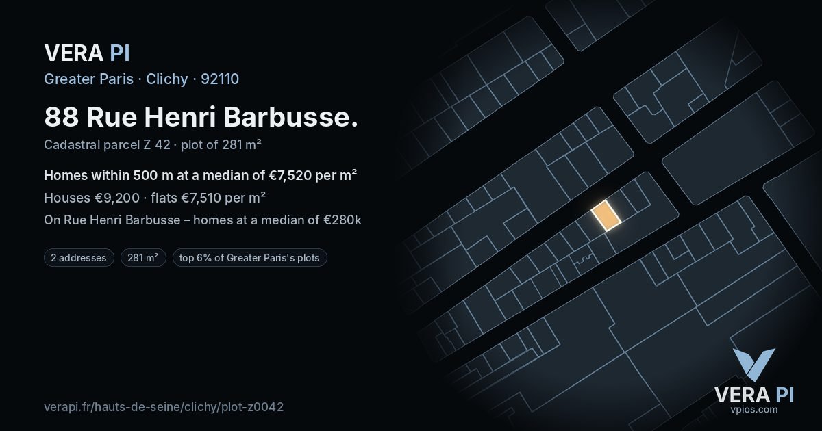 88 Rue Henri Barbusse, Clichy at night – the plot lit, the parcels around coloured by the prices near them