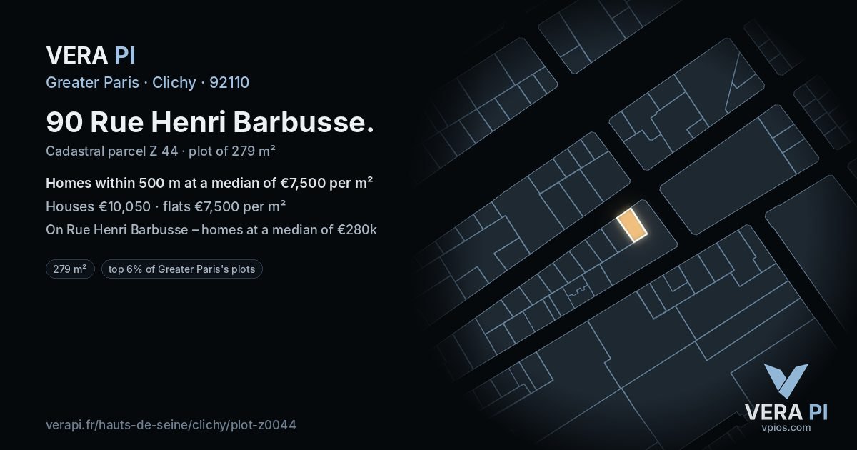 90 Rue Henri Barbusse, Clichy at night – the plot lit, the parcels around coloured by the prices near them