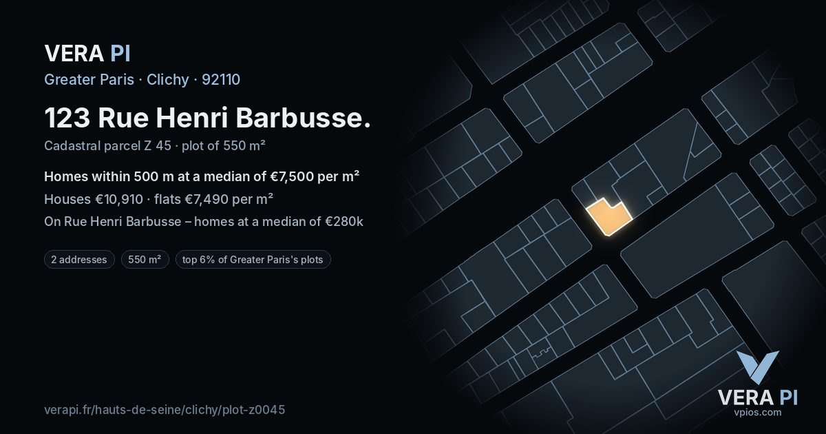 123 Rue Henri Barbusse, Clichy at night – the plot lit, the parcels around coloured by the prices near them