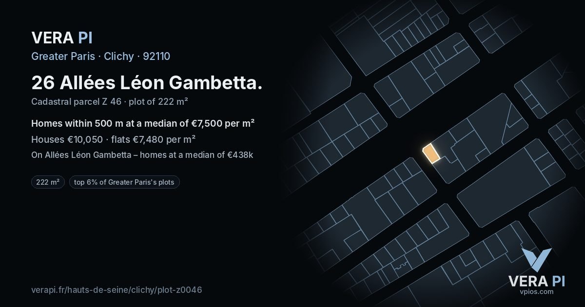 26 Allées Léon Gambetta, Clichy at night – the plot lit, the parcels around coloured by the prices near them