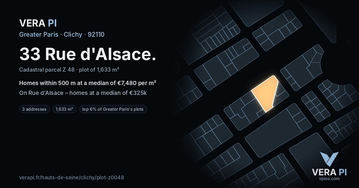 33 Rue d'Alsace, Clichy at night – the plot lit, the parcels around coloured by the prices near them