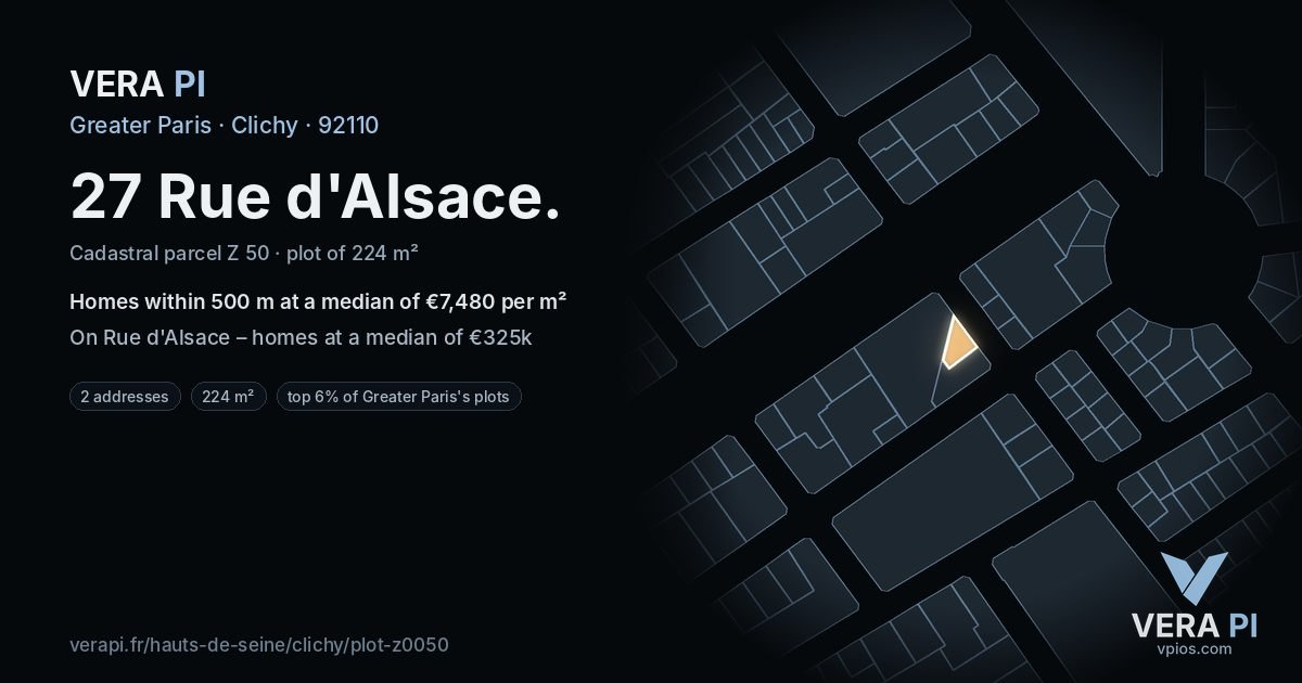 27 Rue d'Alsace, Clichy at night – the plot lit, the parcels around coloured by the prices near them