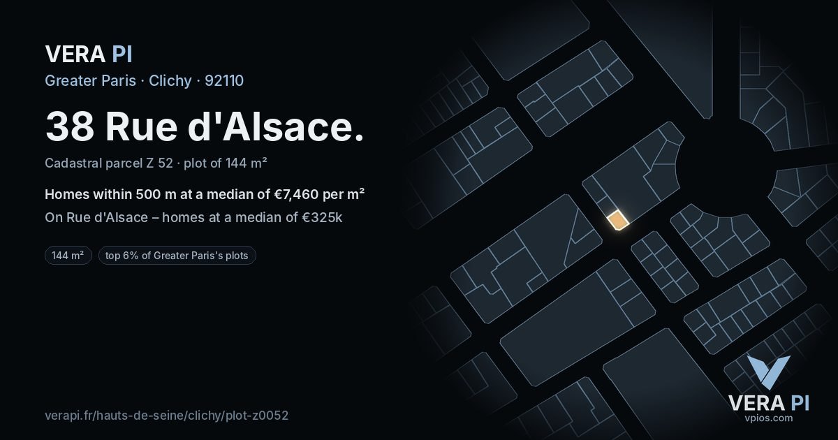 38 Rue d'Alsace, Clichy at night – the plot lit, the parcels around coloured by the prices near them