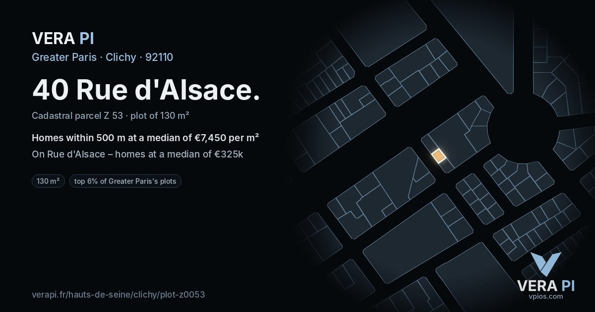 40 Rue d'Alsace, Clichy at night – the plot lit, the parcels around coloured by the prices near them