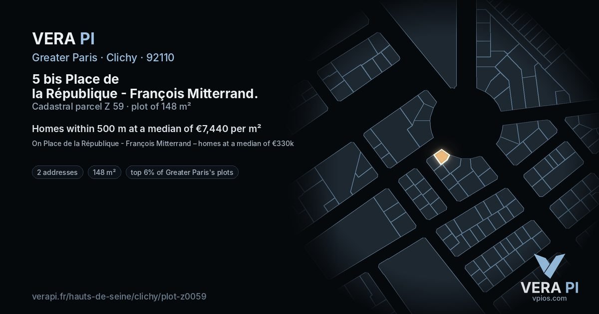 5 bis Place de la République - François Mitterrand, Clichy at night – the plot lit, the parcels around coloured by the prices near them
