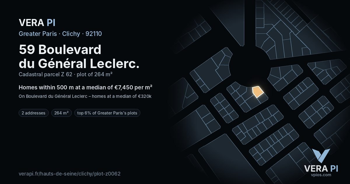 59 Boulevard du Général Leclerc, Clichy at night – the plot lit, the parcels around coloured by the prices near them