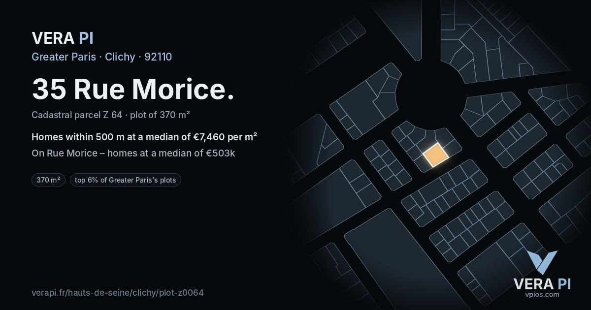 35 Rue Morice, Clichy at night – the plot lit, the parcels around coloured by the prices near them