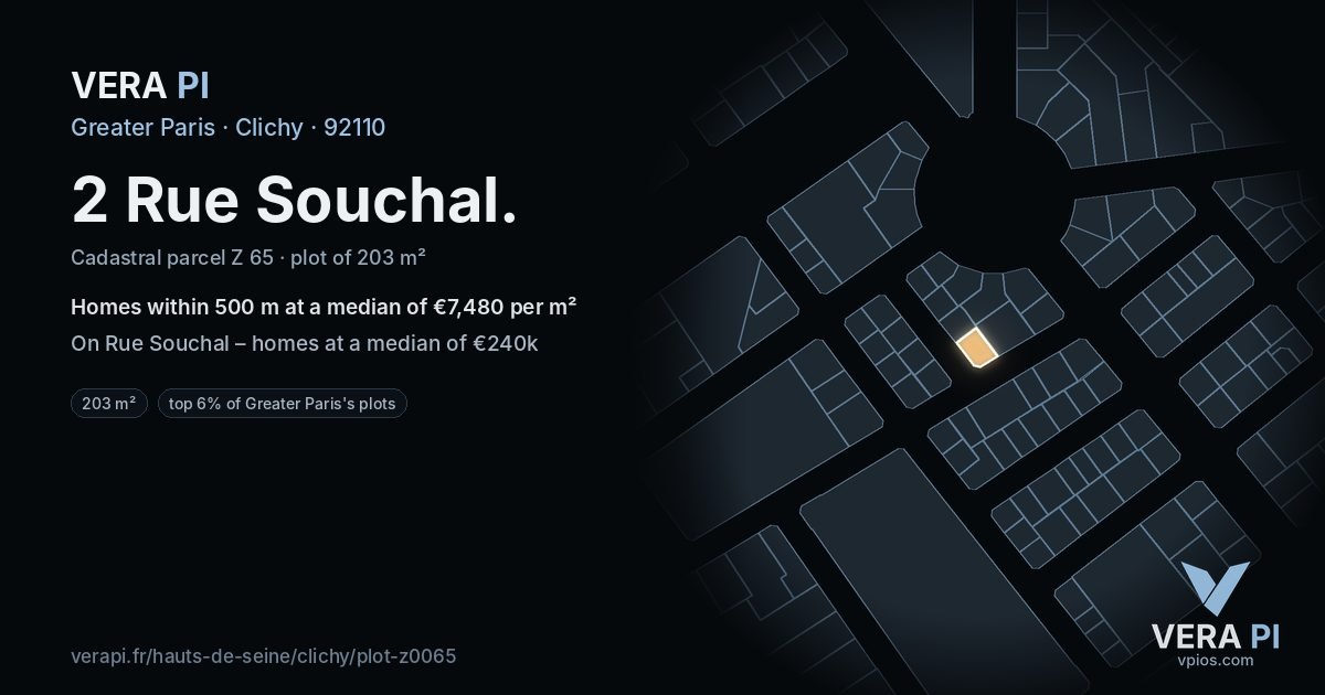 2 Rue Souchal, Clichy at night – the plot lit, the parcels around coloured by the prices near them
