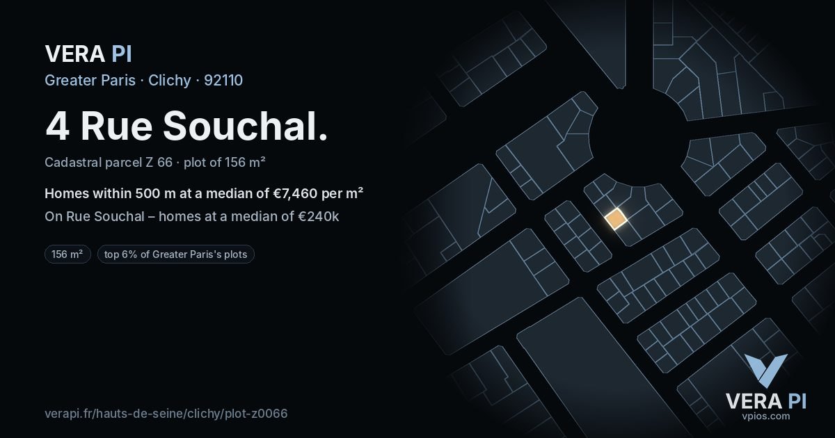 4 Rue Souchal, Clichy at night – the plot lit, the parcels around coloured by the prices near them