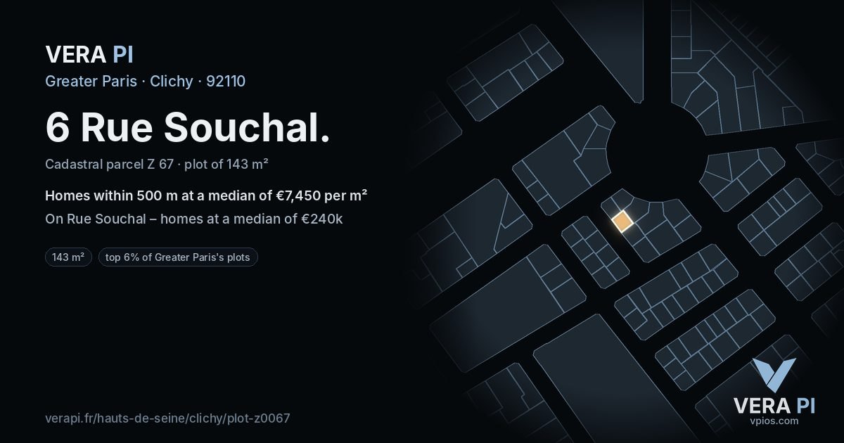 6 Rue Souchal, Clichy at night – the plot lit, the parcels around coloured by the prices near them