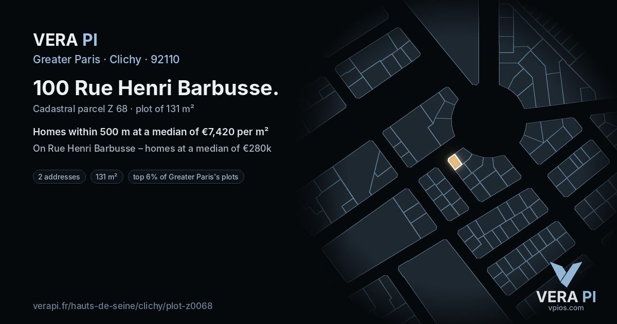 100 Rue Henri Barbusse, Clichy at night – the plot lit, the parcels around coloured by the prices near them