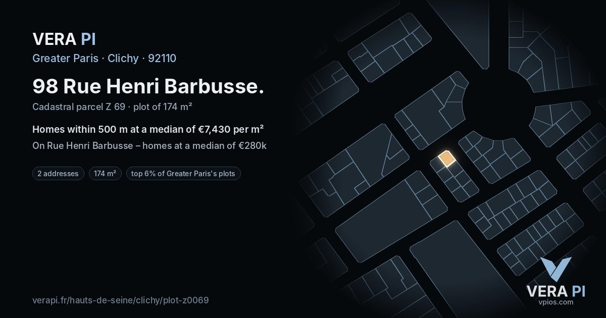 98 Rue Henri Barbusse, Clichy at night – the plot lit, the parcels around coloured by the prices near them