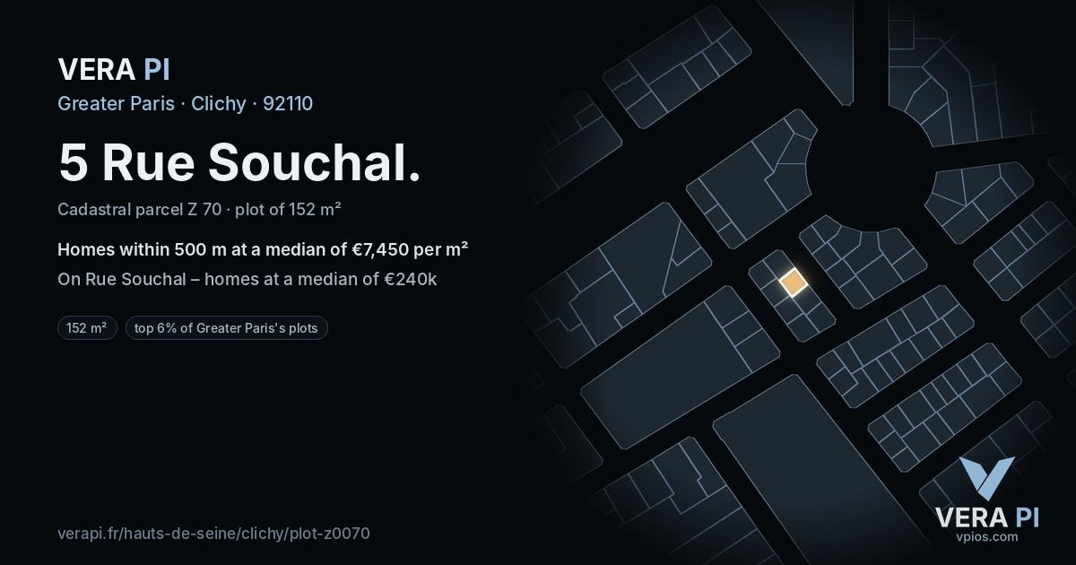 5 Rue Souchal, Clichy at night – the plot lit, the parcels around coloured by the prices near them