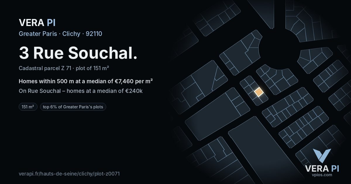 3 Rue Souchal, Clichy at night – the plot lit, the parcels around coloured by the prices near them