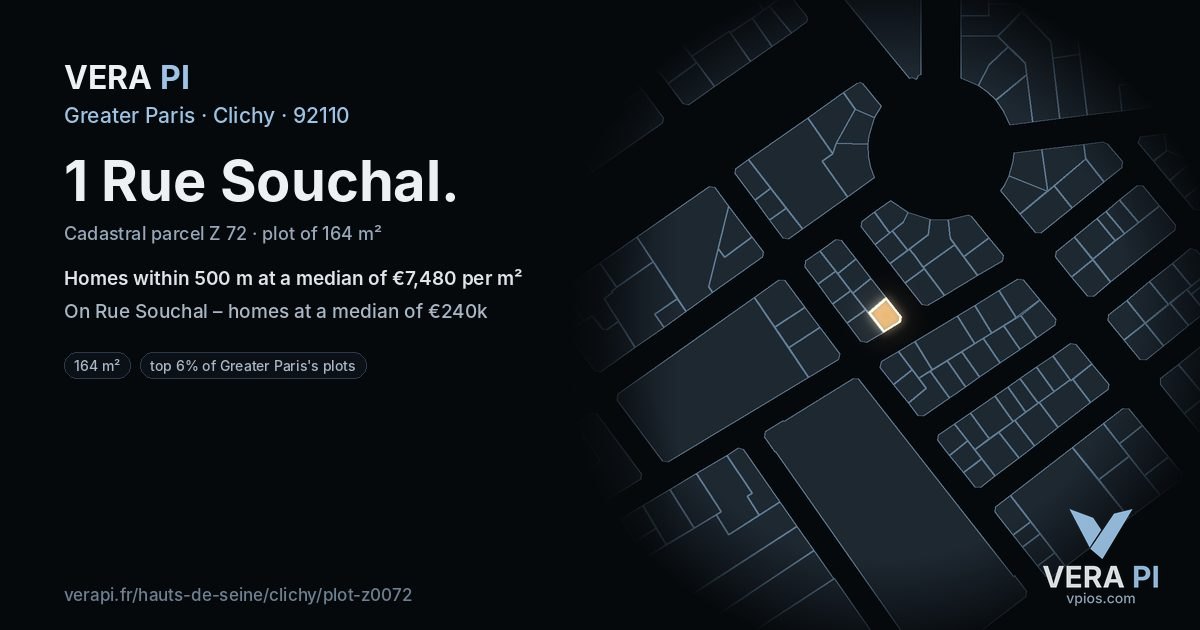 1 Rue Souchal, Clichy at night – the plot lit, the parcels around coloured by the prices near them