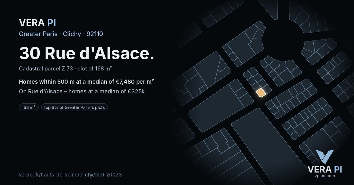 30 Rue d'Alsace, Clichy at night – the plot lit, the parcels around coloured by the prices near them
