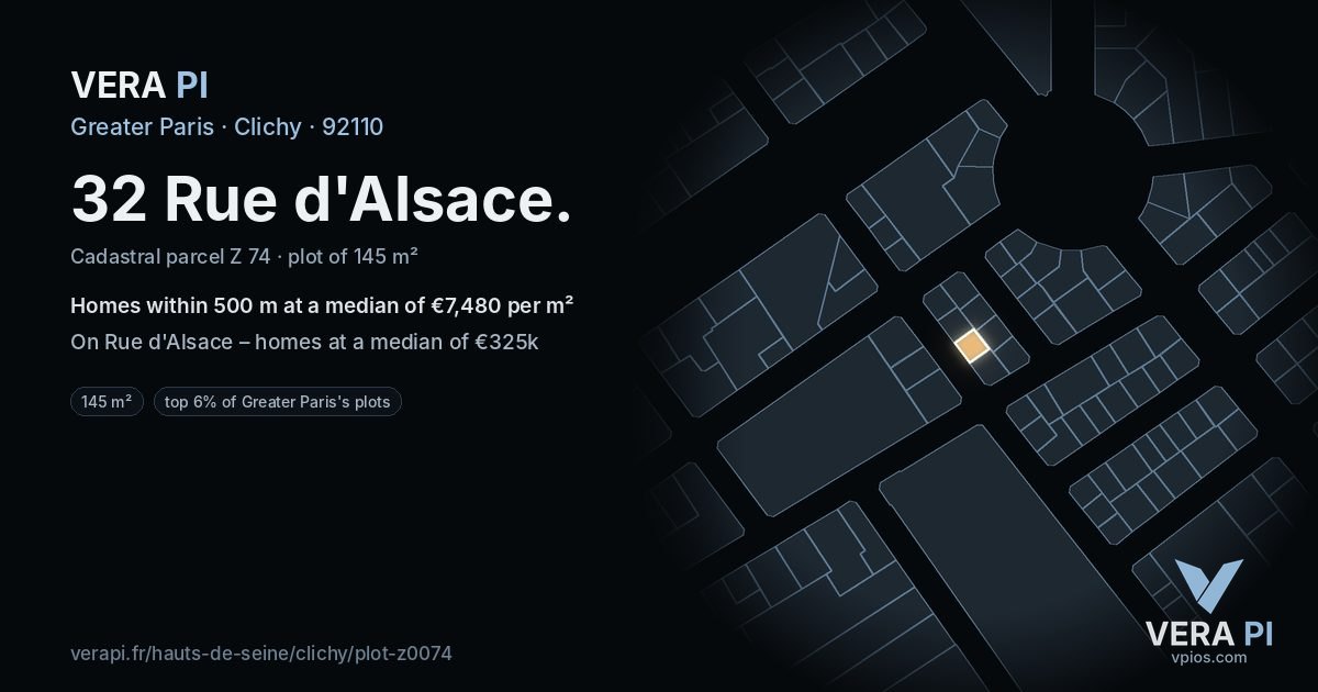 32 Rue d'Alsace, Clichy at night – the plot lit, the parcels around coloured by the prices near them