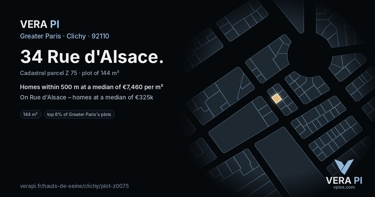 34 Rue d'Alsace, Clichy at night – the plot lit, the parcels around coloured by the prices near them