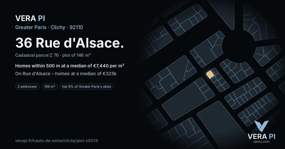 36 Rue d'Alsace, Clichy at night – the plot lit, the parcels around coloured by the prices near them